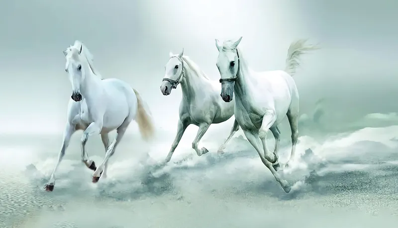 Three white horses galloping through pale mist