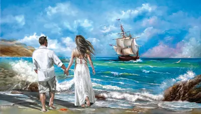Couple holding hands on a beach with a tall ship in the distance