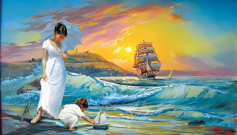 Mother in white dress with a parasol watches her child play with a toy boat at sunset