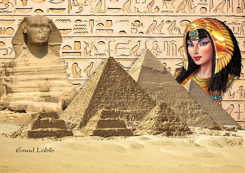 Pyramids and the Sphinx behind a painted Cleopatra portrait on a hieroglyphic wall