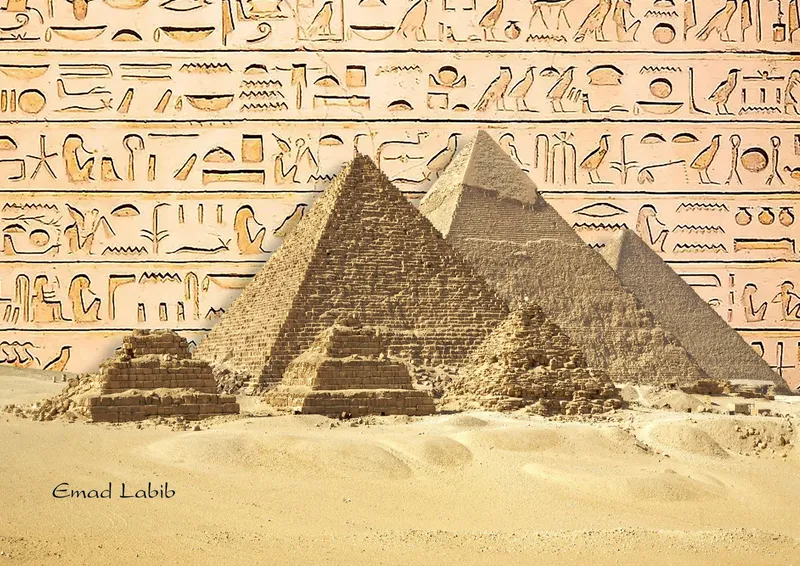 Three pyramids of Giza against a hieroglyph wall background