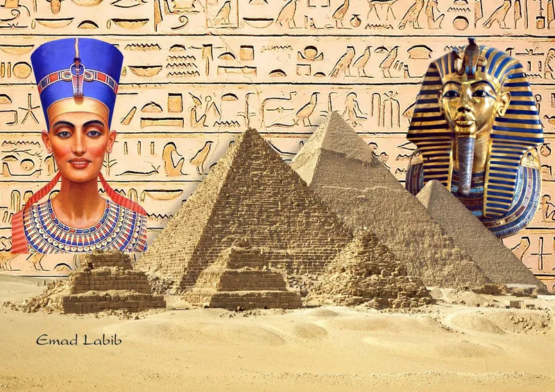 Nefertiti bust and Tutankhamun mask flanking the pyramids of Giza