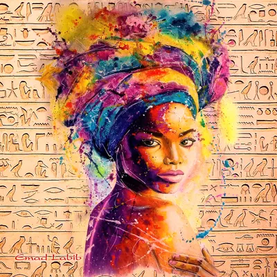 Portrait of an African woman with a watercolor headwrap exploding in color, on hieroglyphs