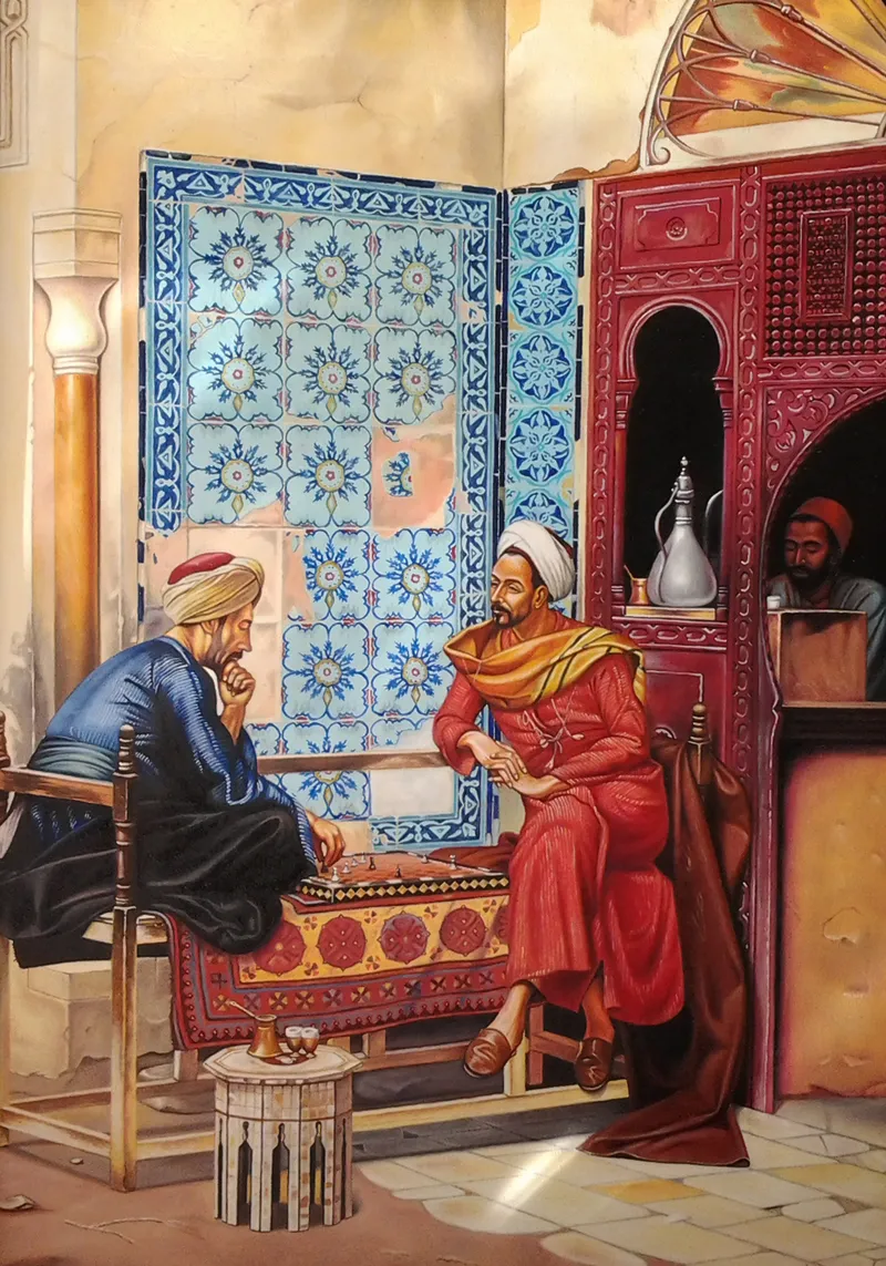 Two men playing chess on a low table in an Orientalist tiled room