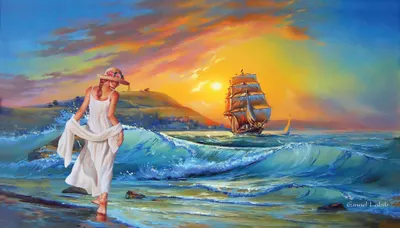 Woman in a white dress and straw hat walking through waves at sunset, ship in the distance