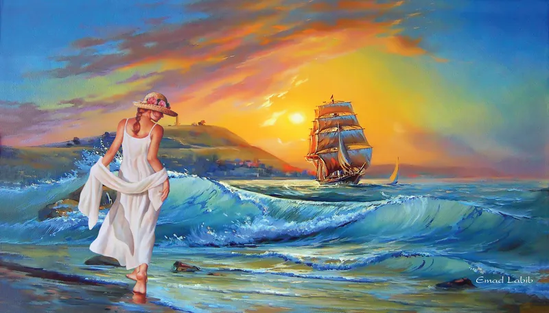 Woman in a white dress and straw hat walking through waves at sunset, ship in the distance