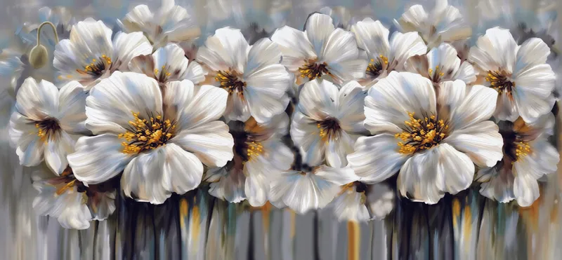 Panoramic painting of white cosmos flowers with golden yellow centers