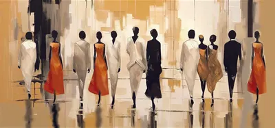 Abstract silhouettes of figures walking, some in orange dresses, on a reflective floor