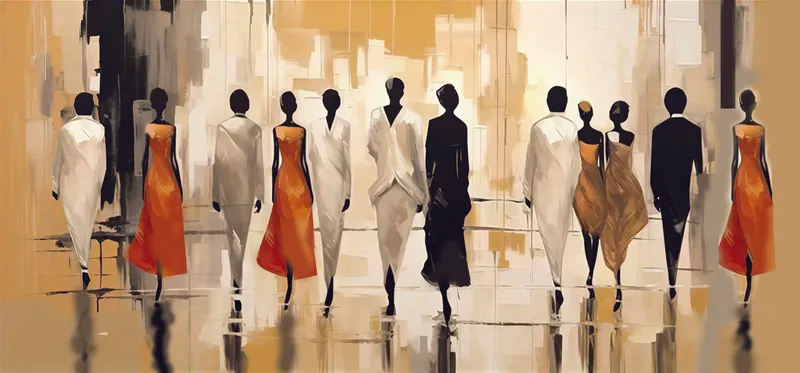 Abstract silhouettes of figures walking, some in orange dresses, on a reflective floor