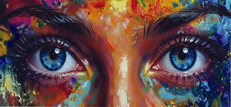 Pair of bright blue eyes painted in expressive splashes of color across a long canvas