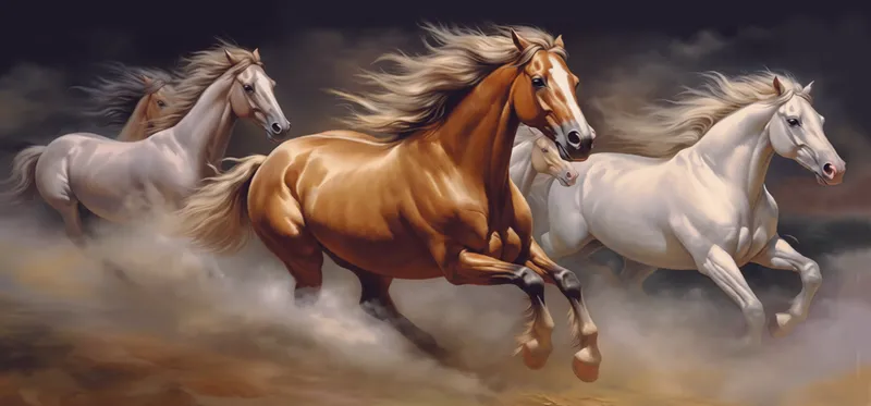 Three horses charging through dust, one chestnut leading two white horses