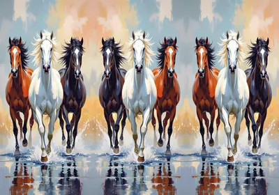 Eight horses, browns and whites mixed, charging head-on through water