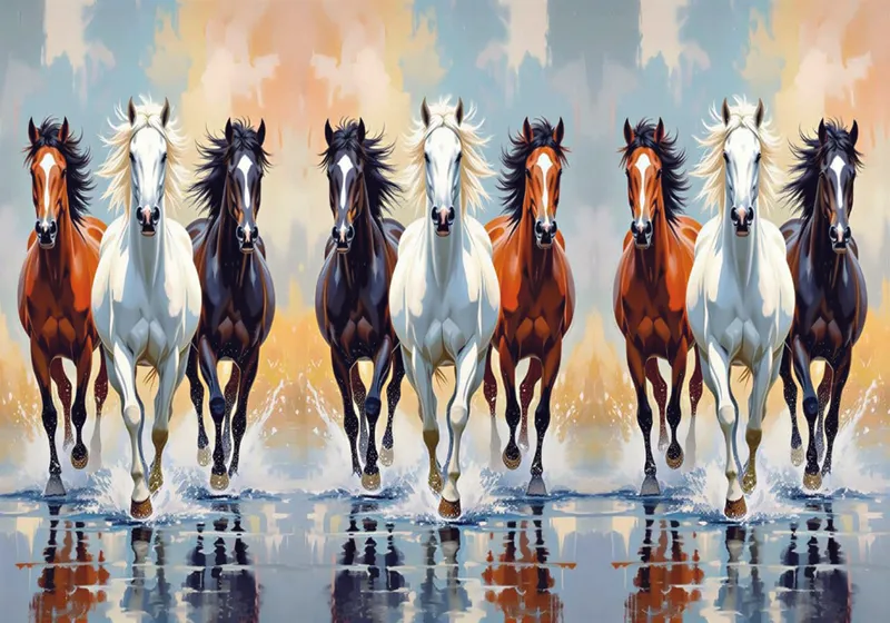 Eight horses, browns and whites mixed, charging head-on through water