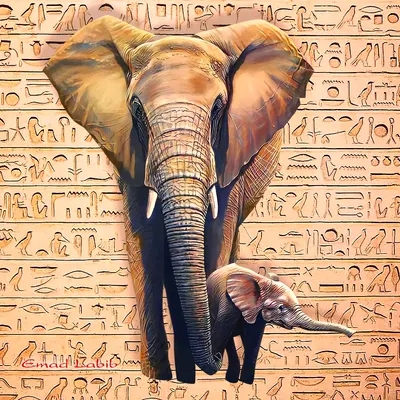 Adult elephant facing forward with a baby elephant beside it on a hieroglyph wall