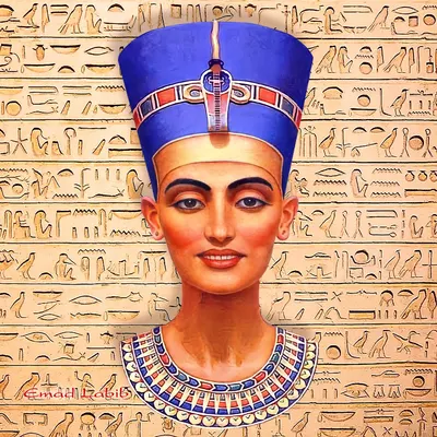 Nefertiti bust front view with blue crown and broad collar on hieroglyph background