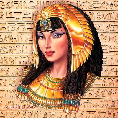 Cleopatra portrait with gold pharaonic headdress and broad collar against hieroglyphs