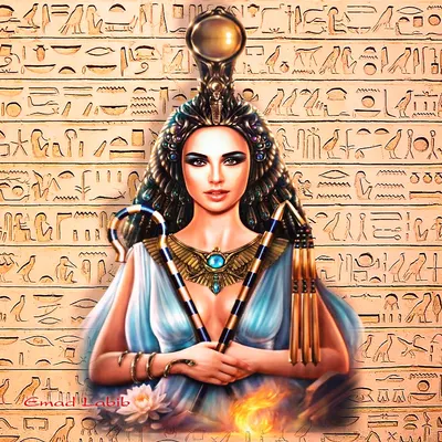 Egyptian goddess Isis with sun disc headdress and two crossed staffs on hieroglyph wall