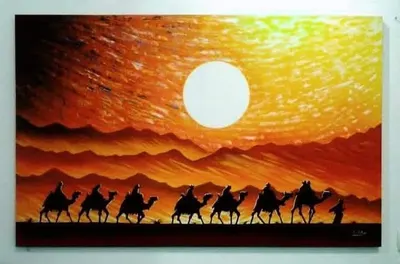 Camel caravan silhouettes crossing dunes under a giant orange sun