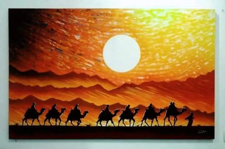 Camel caravan silhouettes crossing dunes under a giant orange sun
