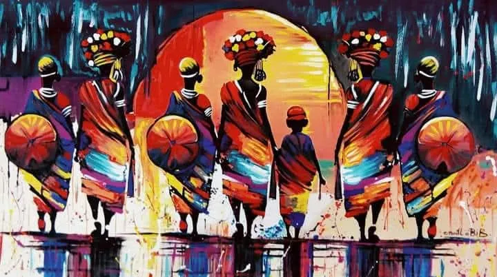 Five African women in colorful robes carrying children, big red sun behind them