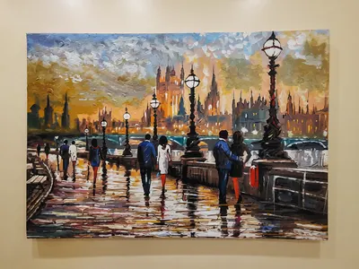 Palette knife painting of a rain-slick London bridge at sunset with Westminster behind