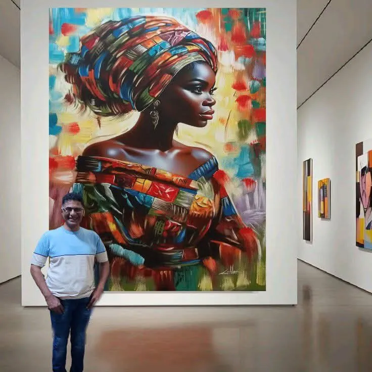 Large studio portrait of an African woman with a colorful headwrap and patterned dress