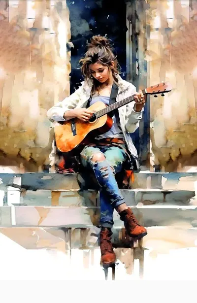 Watercolor of a young woman sitting on steps playing an acoustic guitar