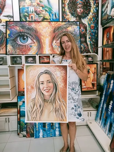 Pastel portrait commission of a smiling woman with long blonde hair against a glowing background