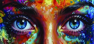 Long panorama of expressive blue eyes with vivid splashes of color