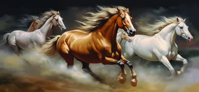 Panoramic format of a chestnut horse leading two whites through dust
