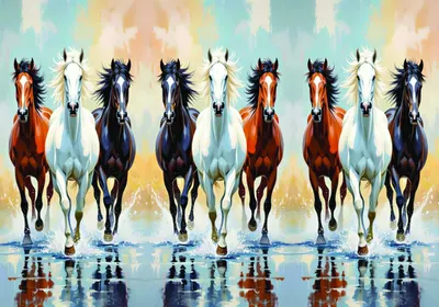 Eight horses charging through water, with reflections, second version