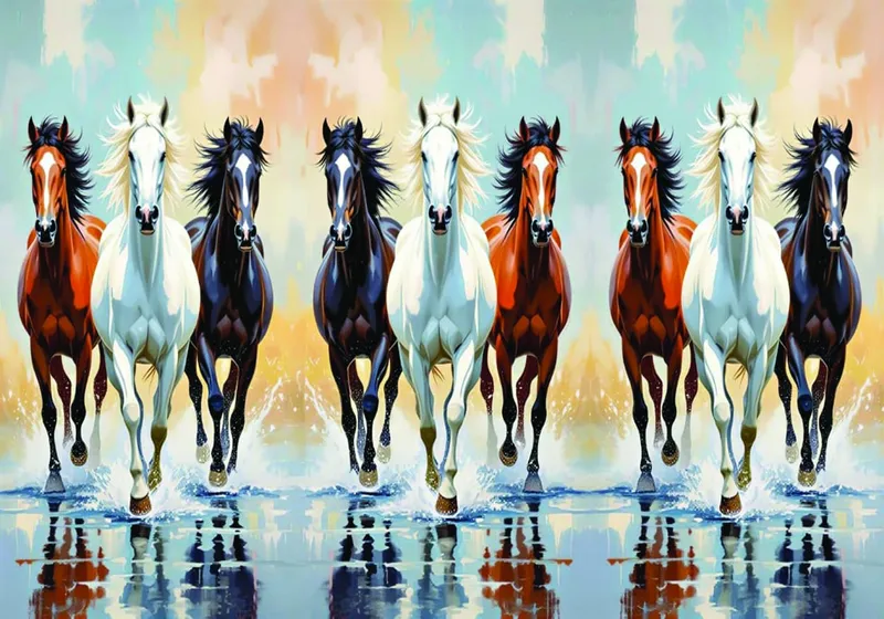 Eight horses charging through water, with reflections, second version