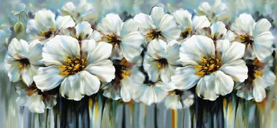 Panoramic painting of white cosmos flowers, sister of piece-012