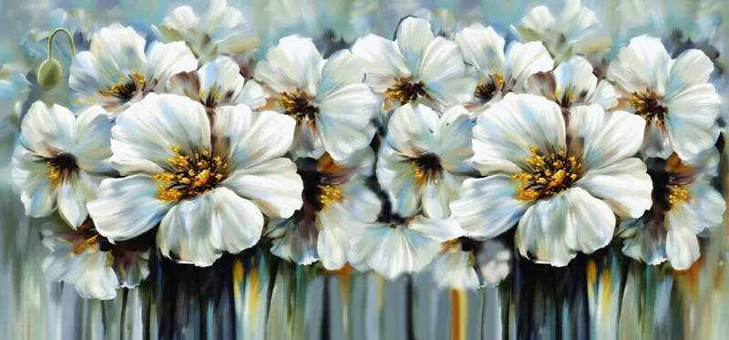Panoramic painting of white cosmos flowers, sister of piece-012
