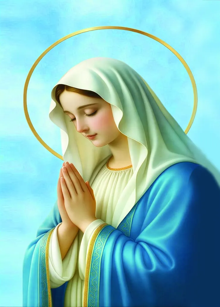 Virgin Mary praying with halo, lighter sky version