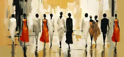 Panoramic abstract of figures walking on a reflective floor, three in orange dresses