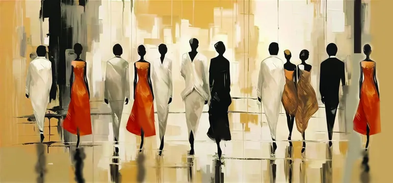 Panoramic abstract of figures walking on a reflective floor, three in orange dresses