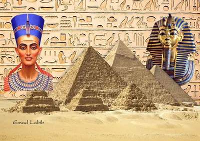 Nefertiti and Tutankhamun framing the pyramids of Giza, version two