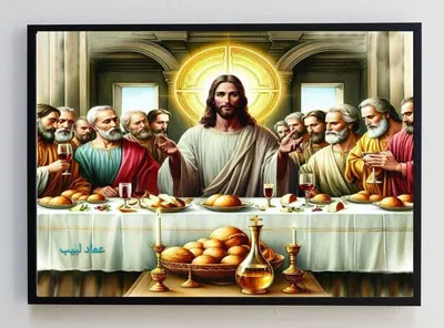 Third Last Supper painting from the series with the gold cross halo behind Christ