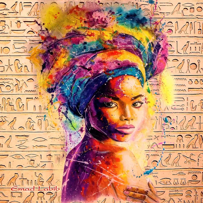 Square African portrait with watercolor headwrap, largest version in the series