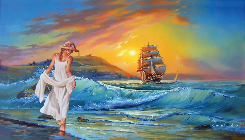Woman in white dress walking through waves at sunset with ship, smaller variant